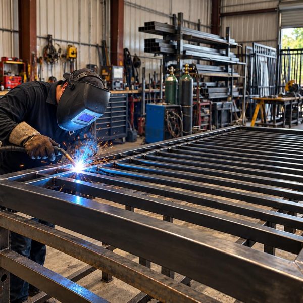 Gate panel being welded in the Ace Automated Gates fabrication shop in Austin